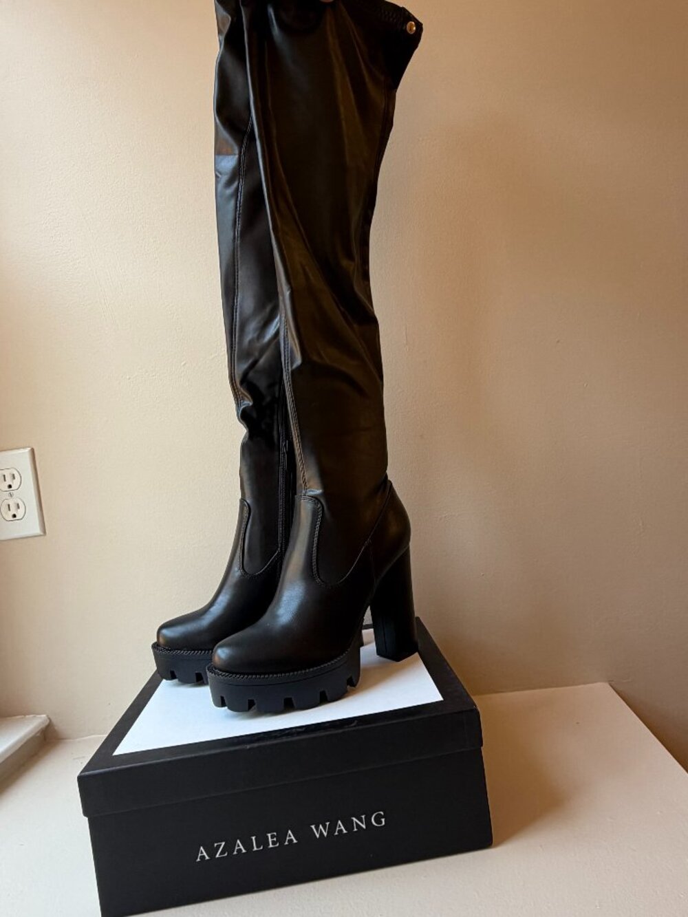 Azalea Wang Black Leather Over-the-Knee Platform Boots